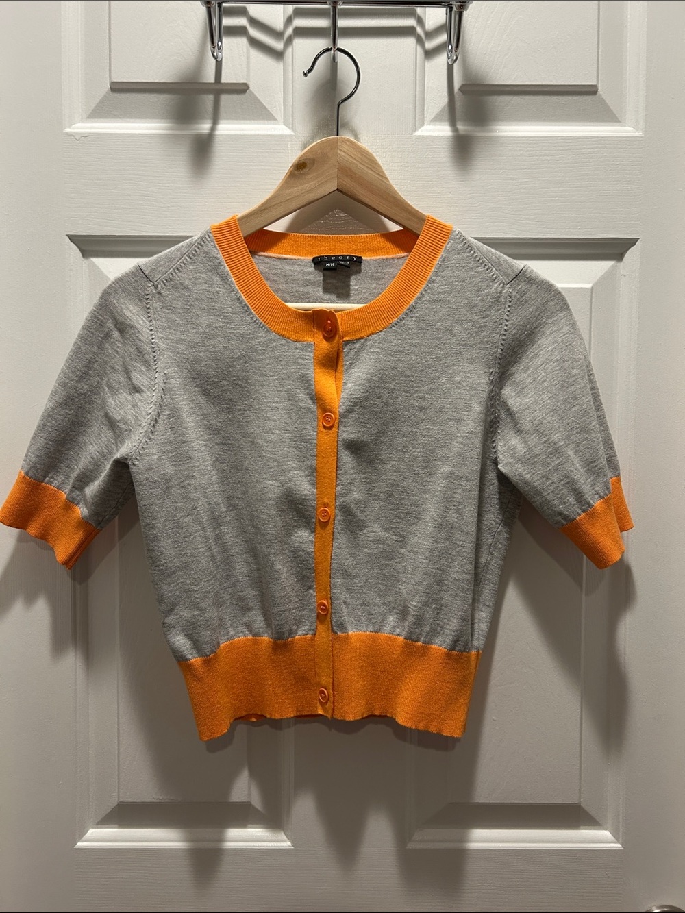Theory Gray and Orange Short-Sleeve Button Cropped Cardigan